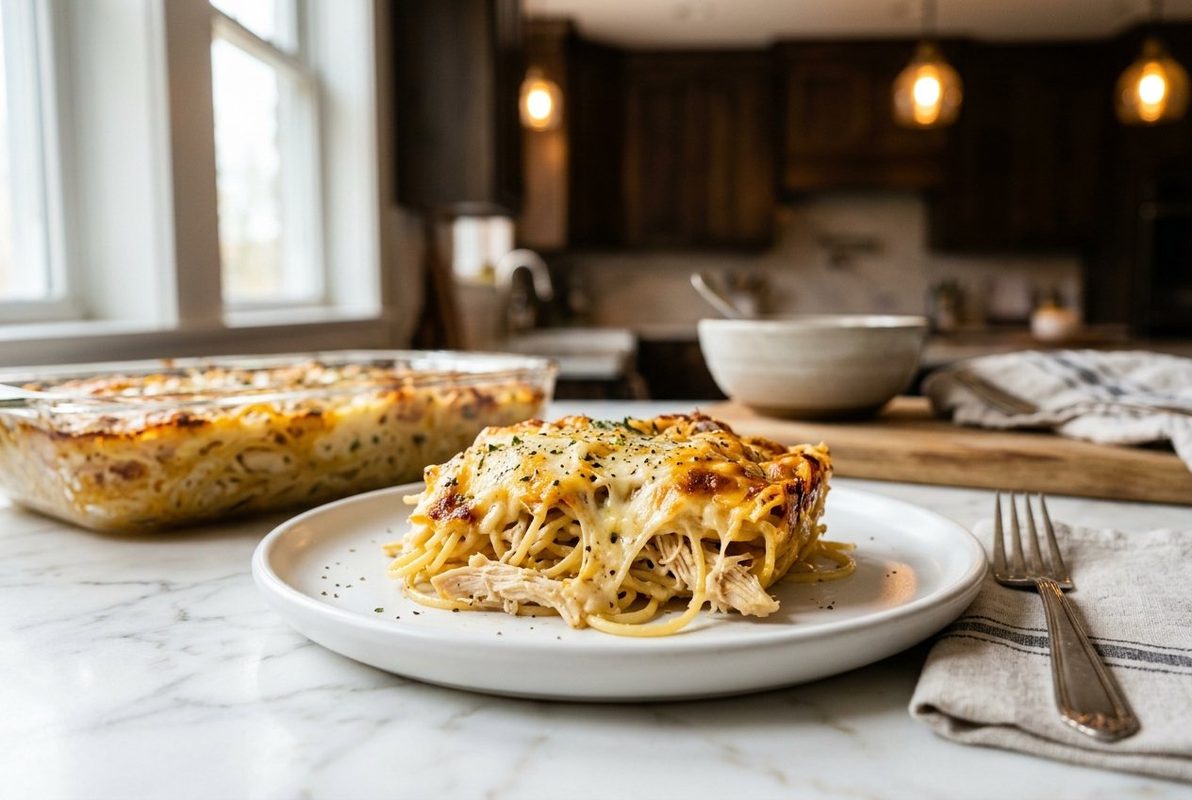 Chicken Spaghetti Casserole hero shot with a serving scooped out