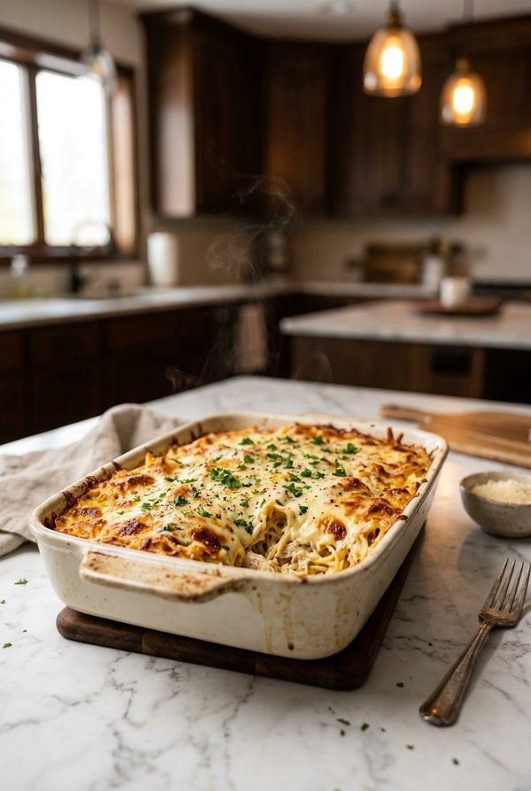 Chicken Spaghetti Casserole fresh from the oven