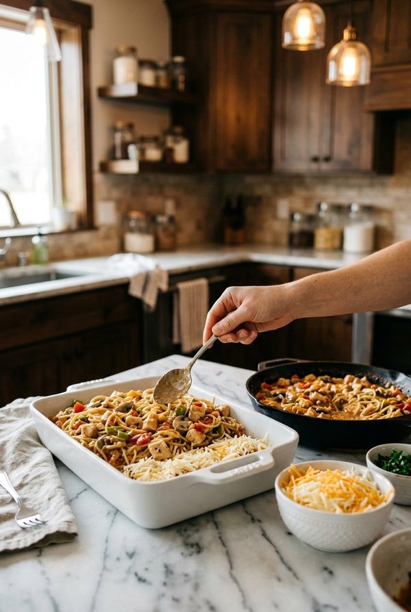 Chicken Spaghetti Casserole being prepared in the kitchen