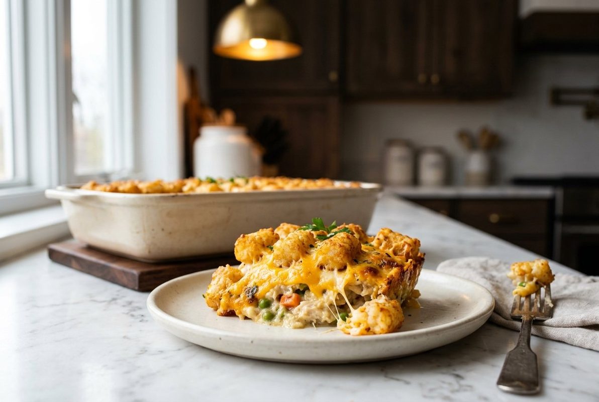 Chicken Tater Tot Casserole hero shot with a serving scooped out