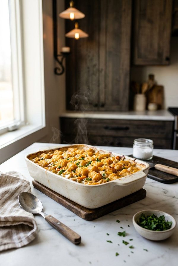 Chicken Tater Tot Casserole fresh from the oven
