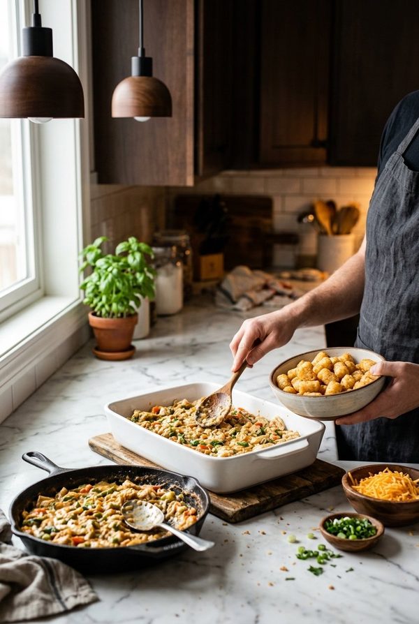 Chicken Tater Tot Casserole being prepared in the kitchen