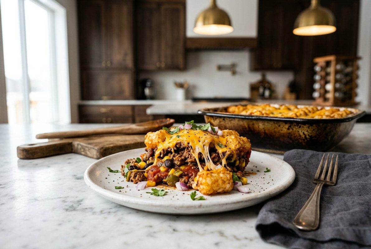 Cowboy Casserole hero shot with a serving scooped out