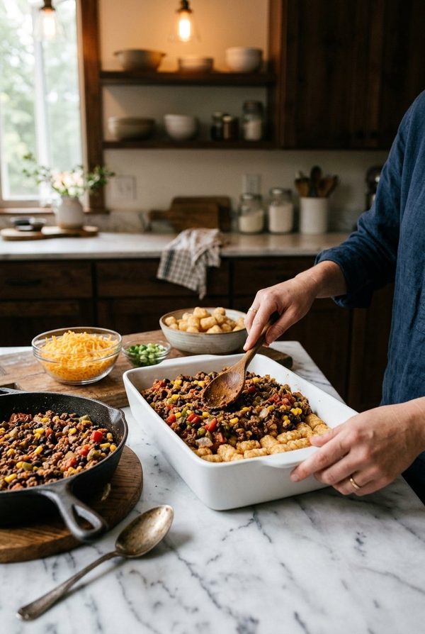 Cowboy Casserole being prepared in the kitchen