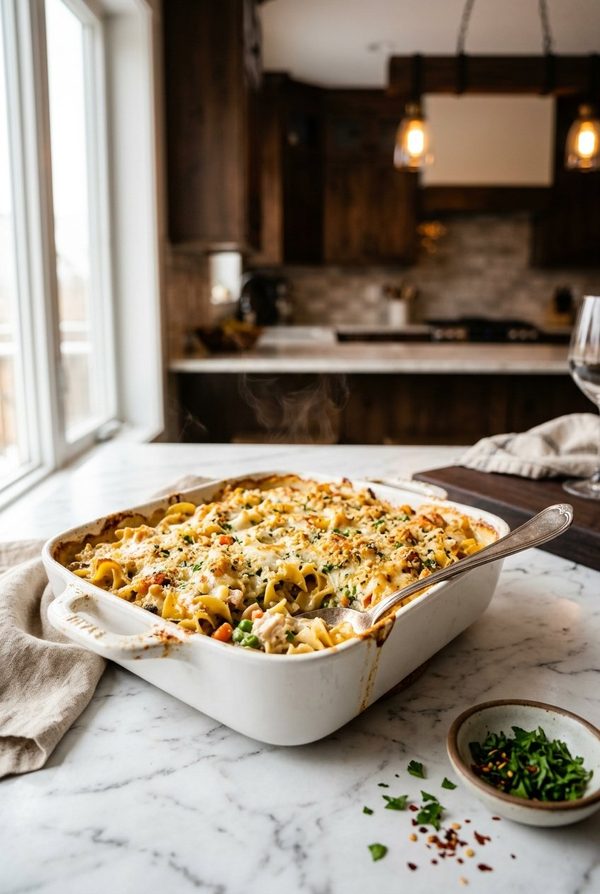 Creamy Chicken Noodle Casserole fresh from the oven
