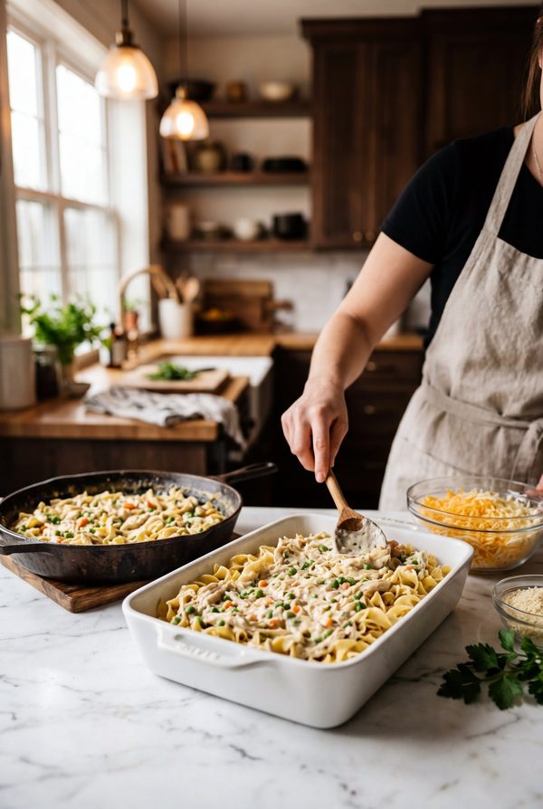 Creamy Chicken Noodle Casserole being prepared in the kitchen