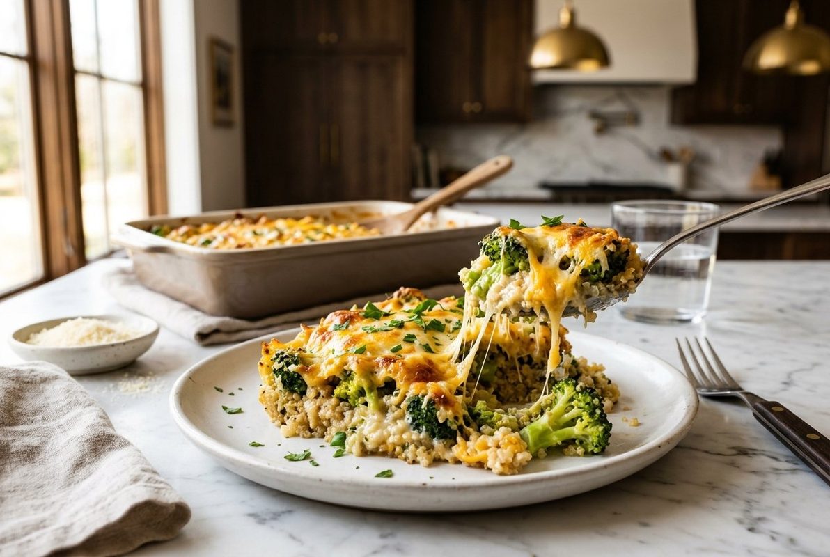 Easy Broccoli Quinoa Casserole hero shot with a serving scooped out