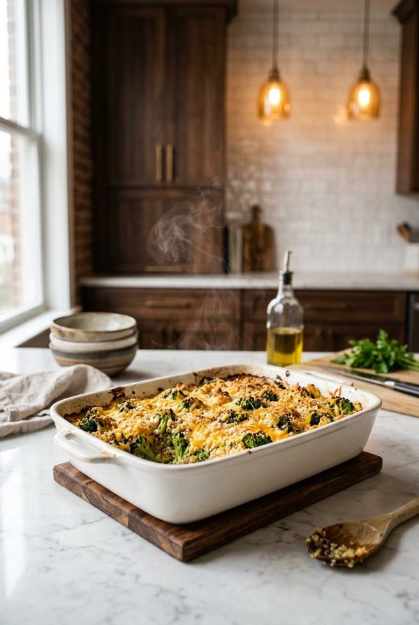 Easy Broccoli Quinoa Casserole fresh from the oven