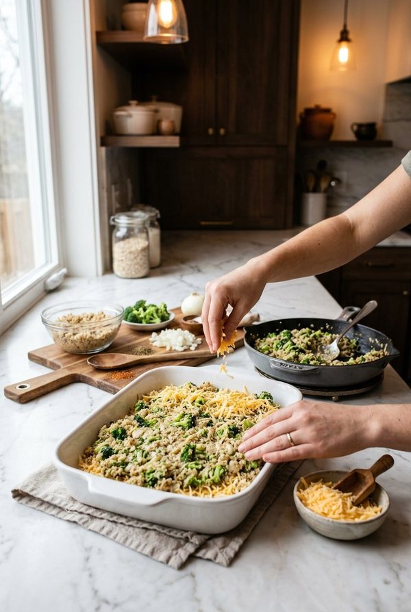 Easy Broccoli Quinoa Casserole being prepared in the kitchen
