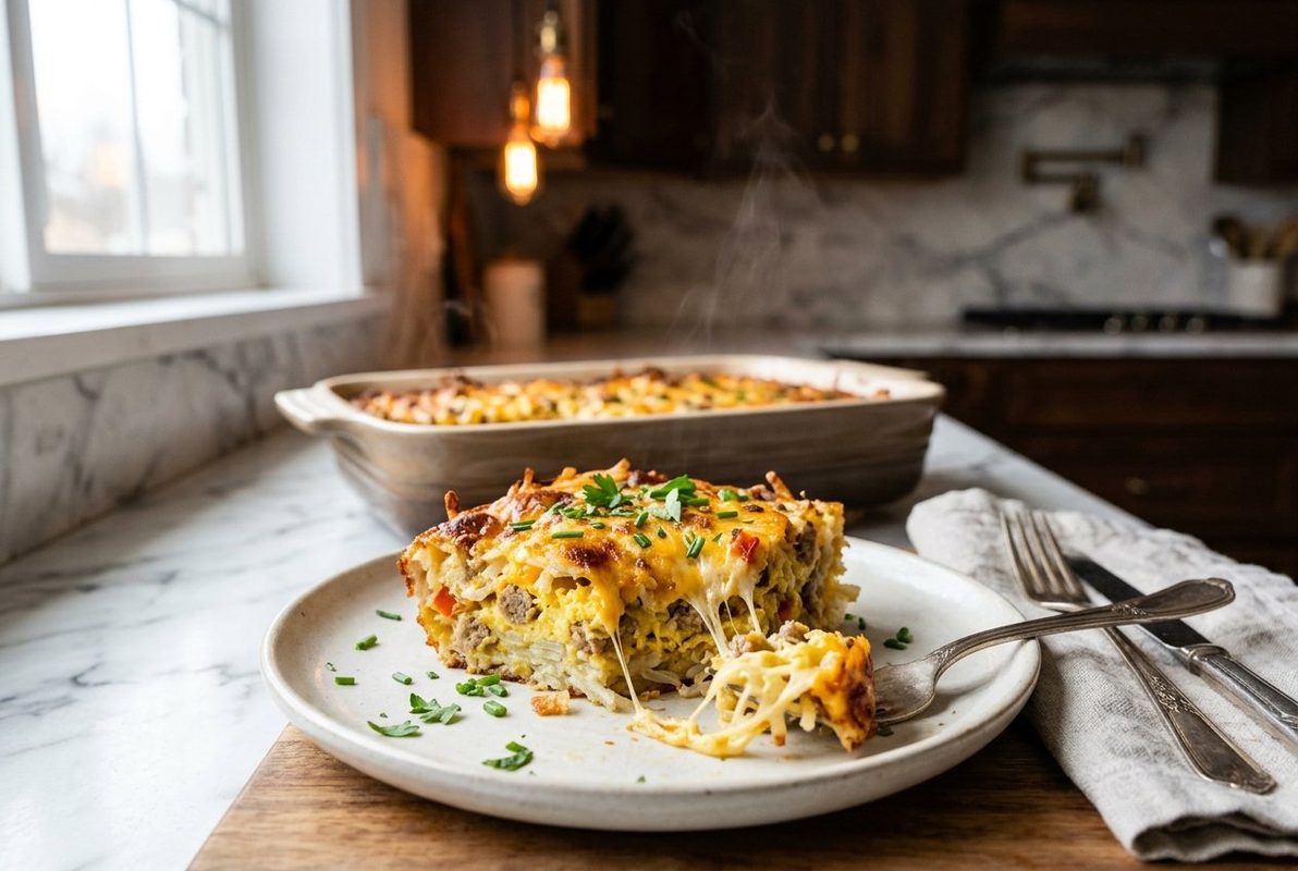 Easy Hashbrown Breakfast Casserole hero shot with a serving scooped out