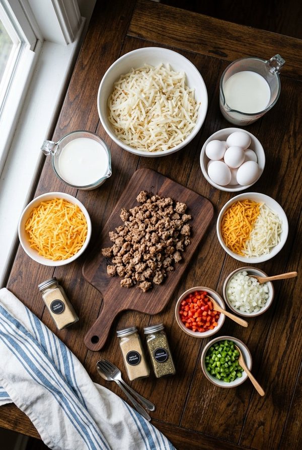 Easy Hashbrown Breakfast Casserole ingredients laid out on black marble countertop