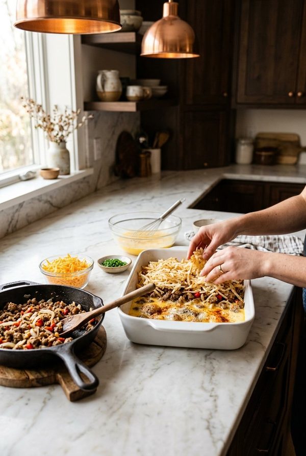 Easy Hashbrown Breakfast Casserole being prepared in the kitchen