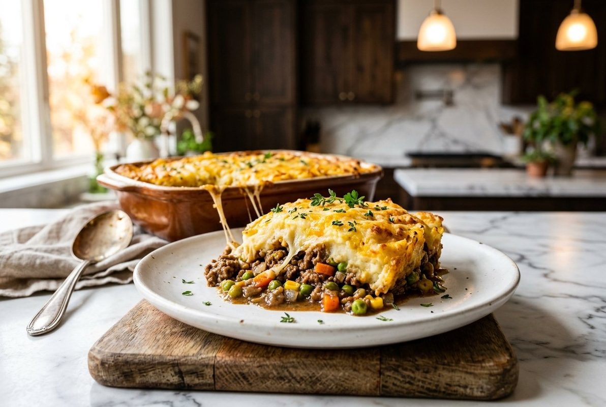 Easy Homemade Shepherds Pie Casserole hero shot with a serving scooped out