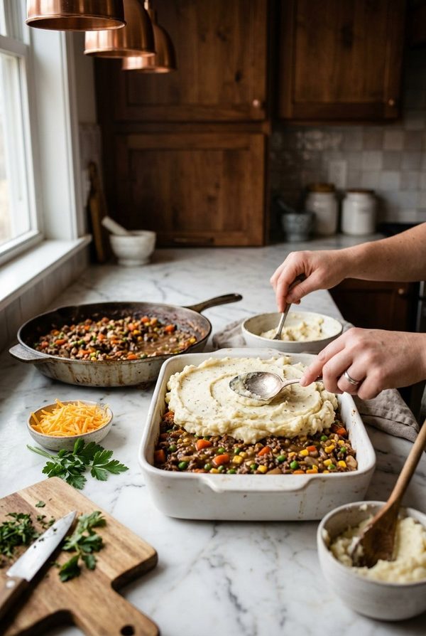 Easy Homemade Shepherds Pie Casserole being prepared in the kitchen