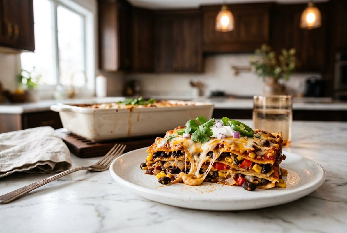 Easy Vegetarian Enchilada Casserole hero shot with a serving scooped out