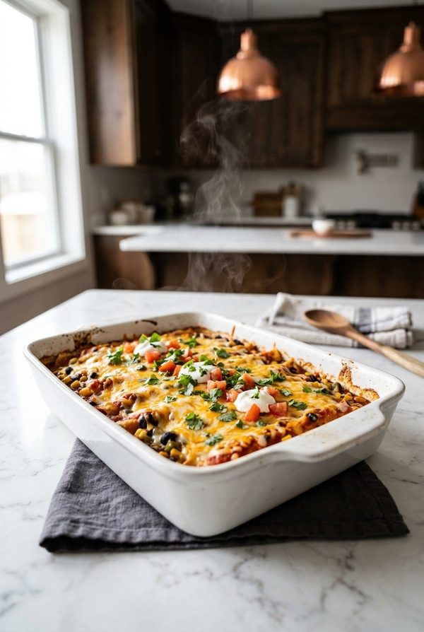 Easy Vegetarian Enchilada Casserole fresh from the oven