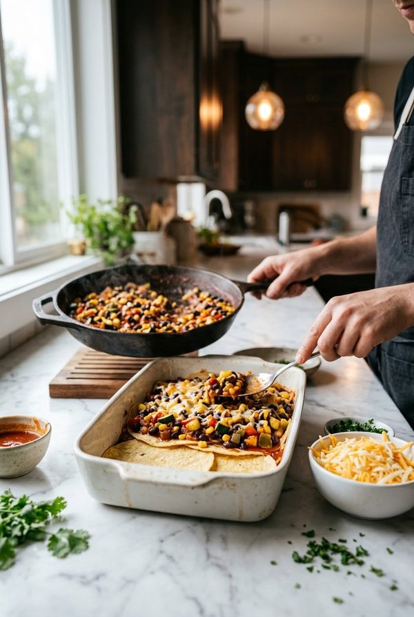 Easy Vegetarian Enchilada Casserole being prepared in the kitchen