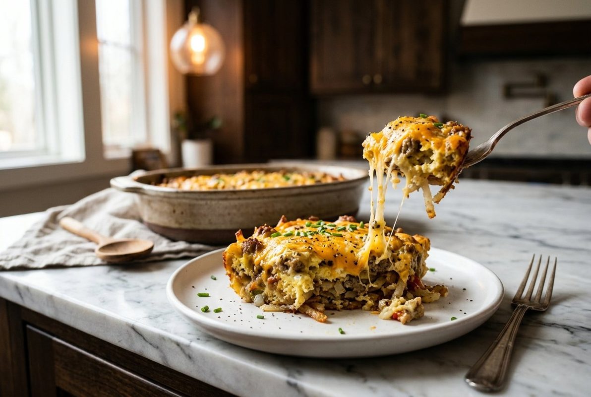Egg And Hashbrown Casserole hero shot with a serving scooped out