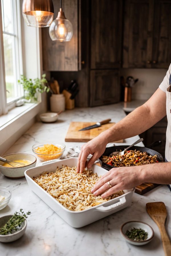 Egg And Hashbrown Casserole being prepared in the kitchen