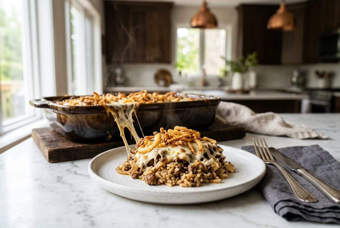 French Onion Ground Beef and Rice Casserole hero shot with a serving scooped out