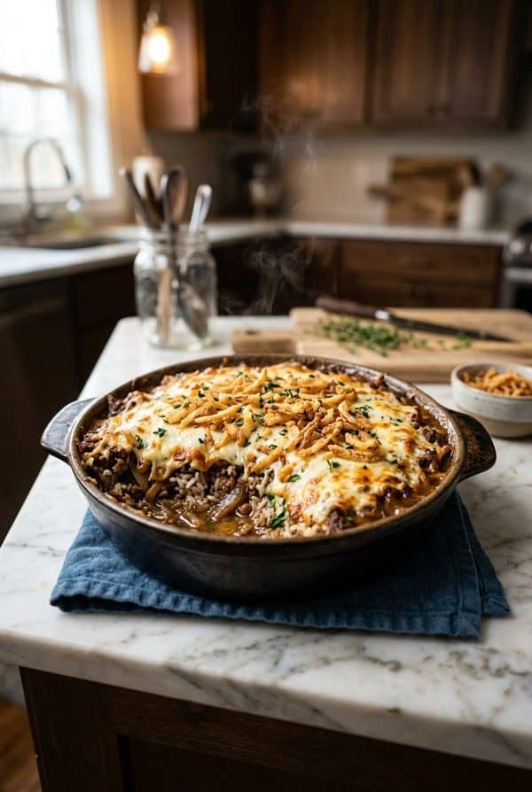French Onion Ground Beef and Rice Casserole fresh from the oven