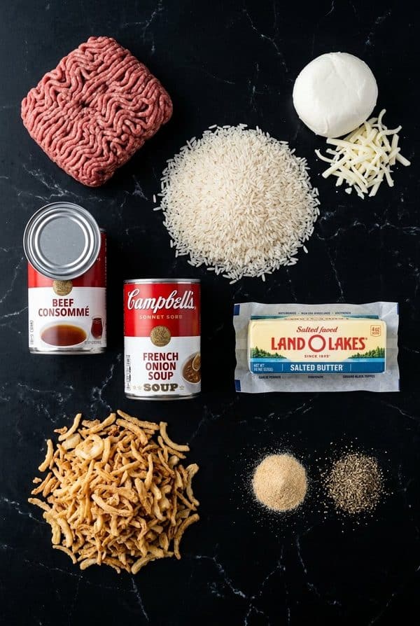 French Onion Ground Beef and Rice Casserole ingredients laid out on black marble countertop