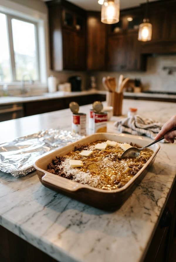French Onion Ground Beef and Rice Casserole being prepared in the kitchen
