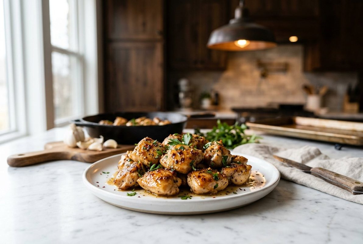 Garlic Butter Chicken Bites hero shot with a serving scooped out