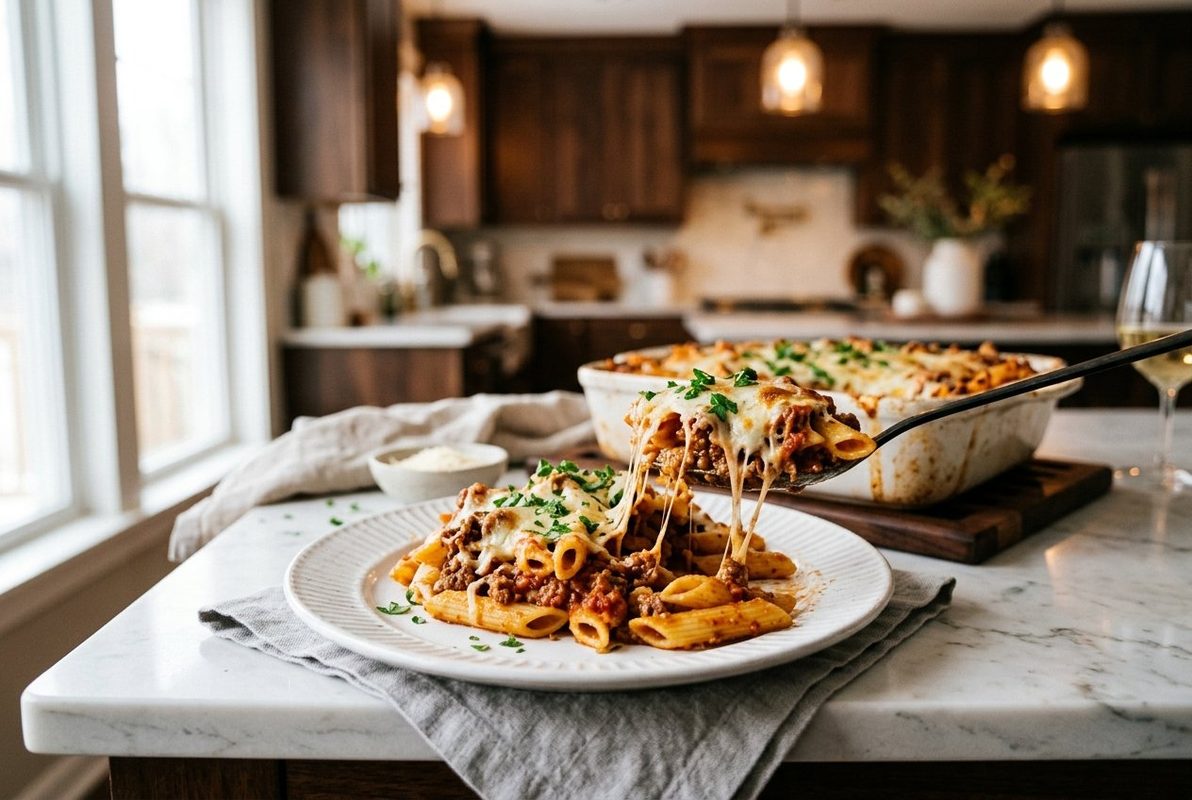 Ground Beef and Pasta Casserole hero shot with a serving scooped out