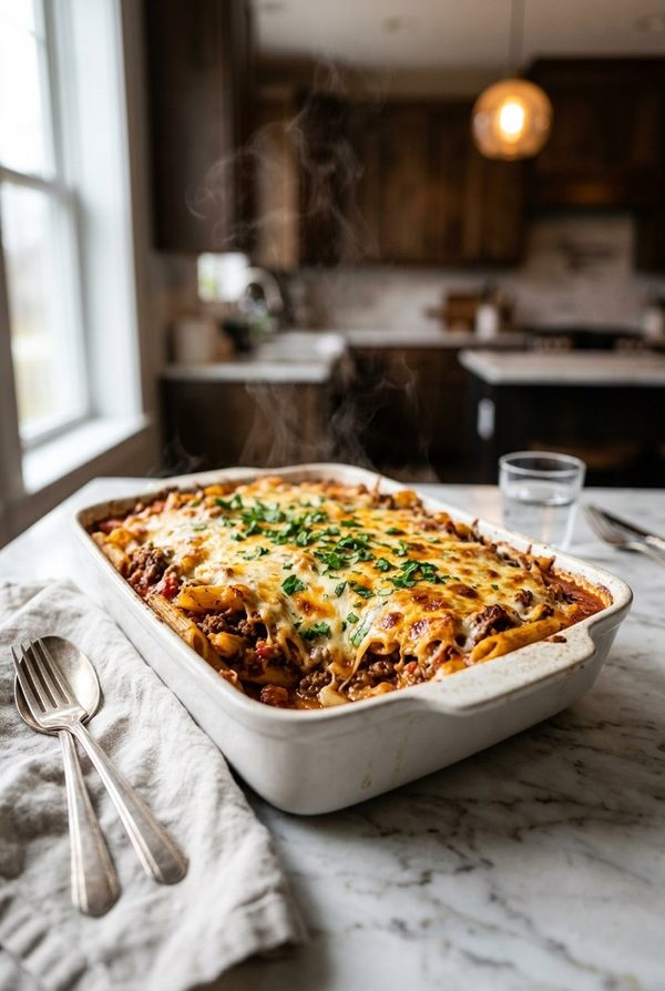 Ground Beef and Pasta Casserole fresh from the oven