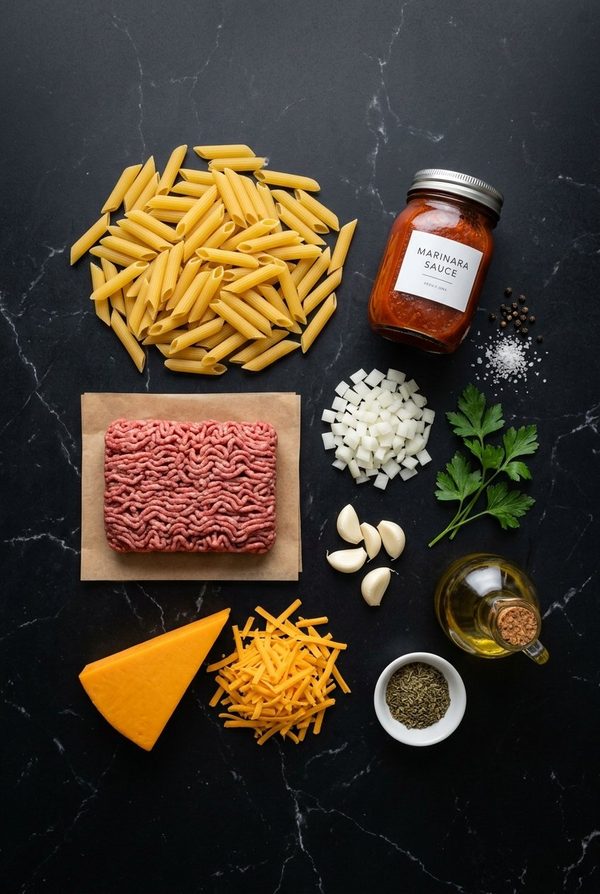 Ground Beef and Pasta Casserole ingredients laid out on black marble countertop