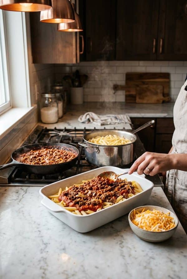 Ground Beef and Pasta Casserole being prepared in the kitchen
