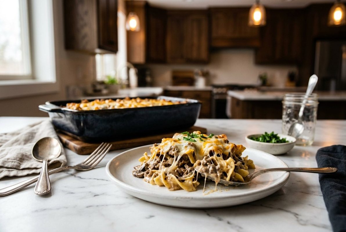 Ground Beef Stroganoff Casserole hero shot with a serving scooped out