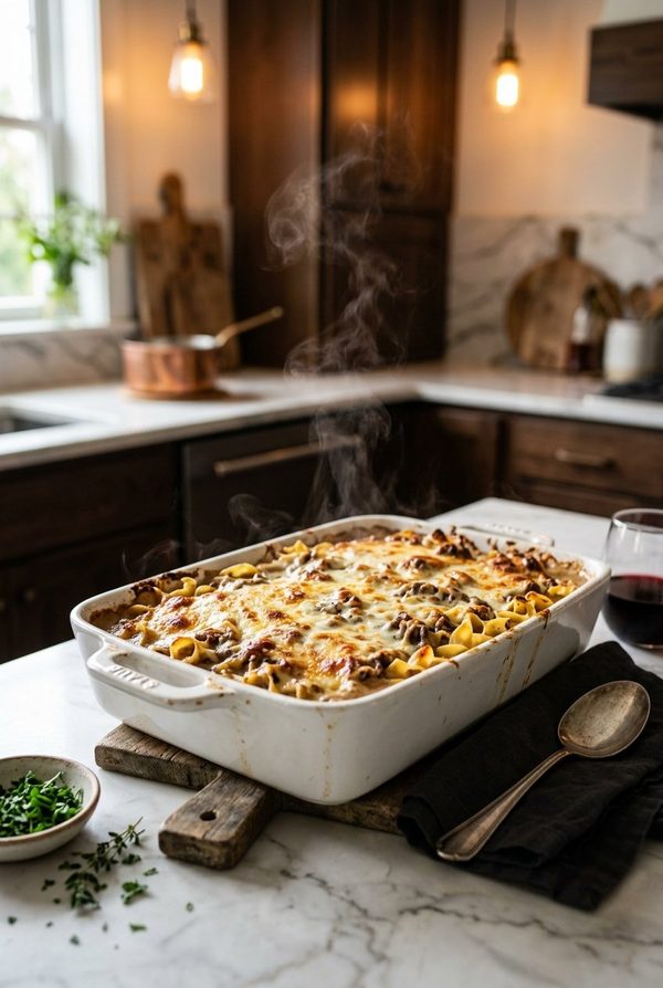 Ground Beef Stroganoff Casserole fresh from the oven