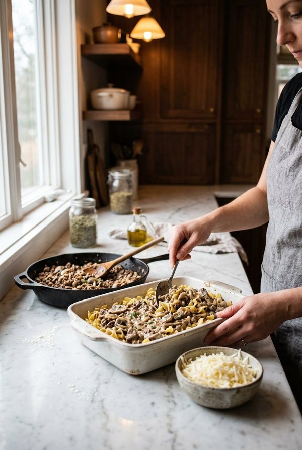 Ground Beef Stroganoff Casserole being prepared in the kitchen