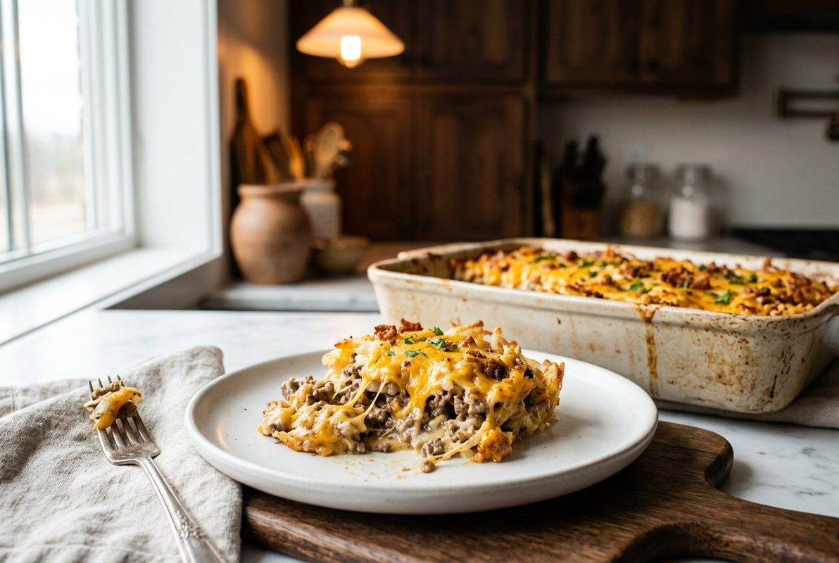 Hamburger Hashbrown Casserole hero shot with a serving scooped out