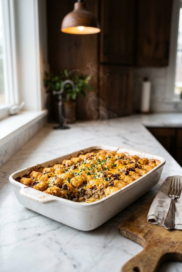 Hamburger Hashbrown Casserole fresh from the oven