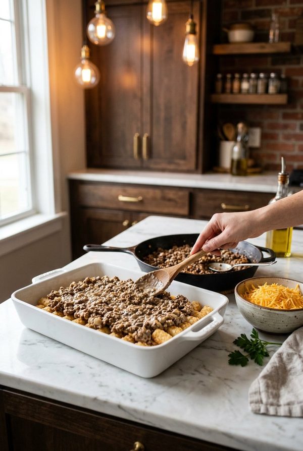 Hamburger Hashbrown Casserole being prepared in the kitchen