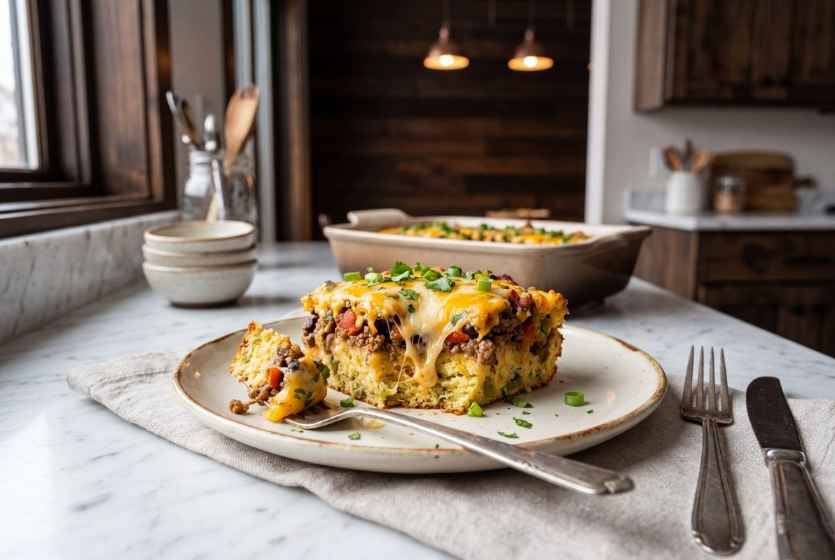 John Wayne Casserole hero shot with a serving scooped out