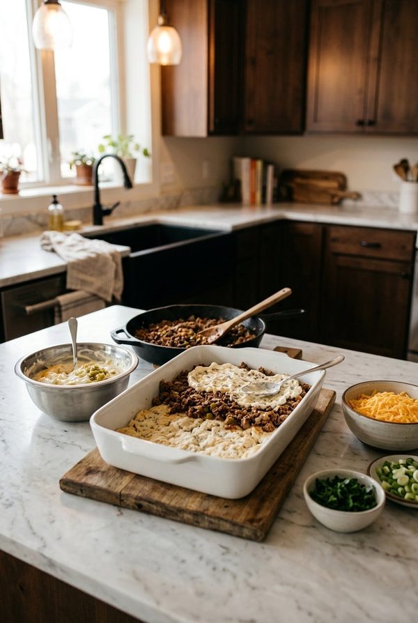 John Wayne Casserole being prepared in the kitchen