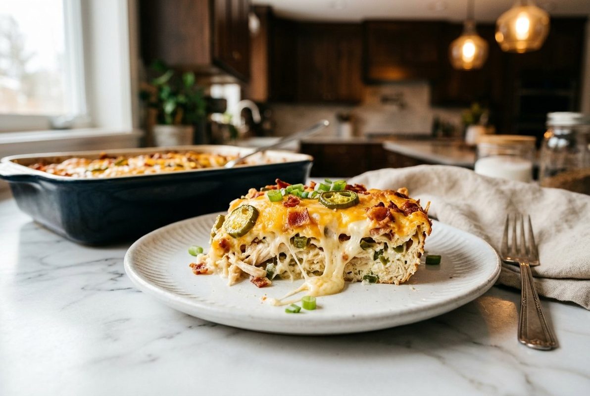 Keto Jalapeno Popper Chicken Casserole hero shot with a serving scooped out
