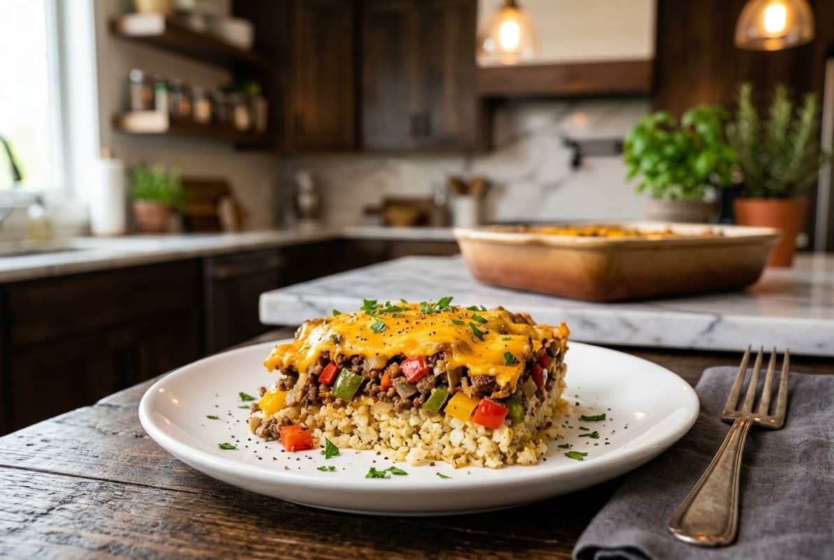 Keto Stuffed Bell Pepper Casserole hero shot with a serving scooped out