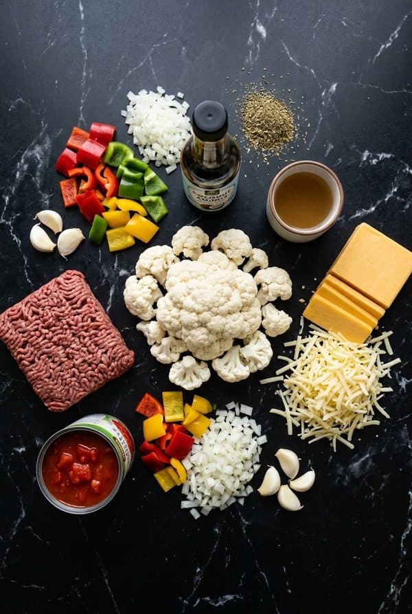 Keto Stuffed Bell Pepper Casserole ingredients laid out on black marble countertop