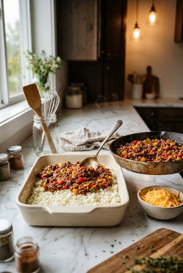 Keto Stuffed Bell Pepper Casserole being prepared in the kitchen