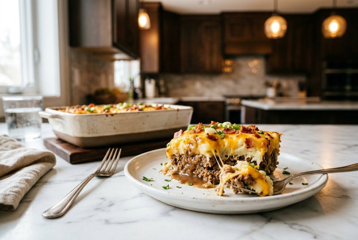 Loaded Potato And Meatloaf Casserole hero shot with a serving scooped out