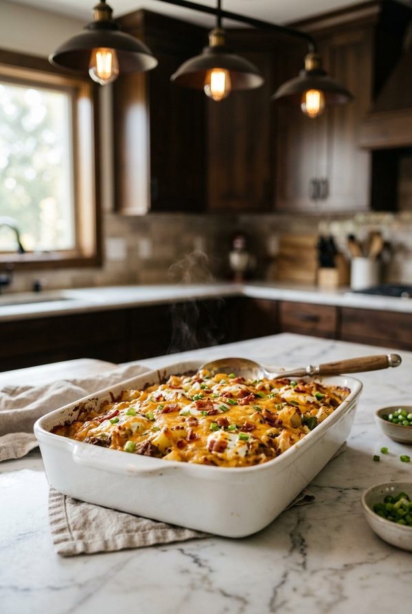 Loaded Potato And Meatloaf Casserole fresh from the oven