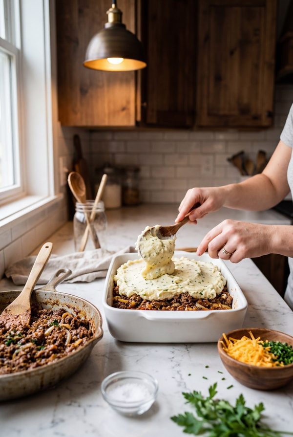 Loaded Potato And Meatloaf Casserole being prepared in the kitchen