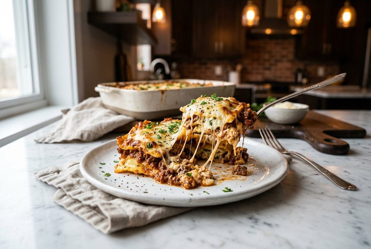 Million Dollar Ravioli Casserole hero shot with a serving scooped out