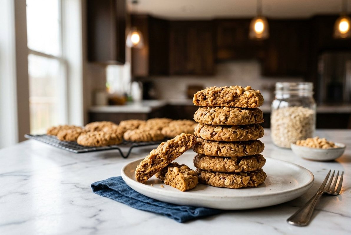 No Bake Peanut Butter Cookies Without Sugar hero shot with a serving scooped out