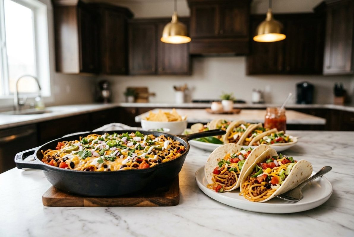 One Pot Taco Spaghetti Bake hero shot with a serving scooped out